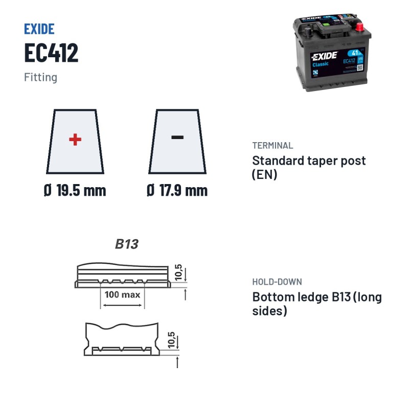 Car battery Exide EC412 12V 41Ah 370A | baterias.com
