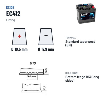 Batería de coche Exide EC412 12V 41Ah 370A – borne y sujeción
