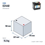 Batteria auto Exide EC440 12V 44Ah 360A – dimensioni 207 × 175 × 190 mm