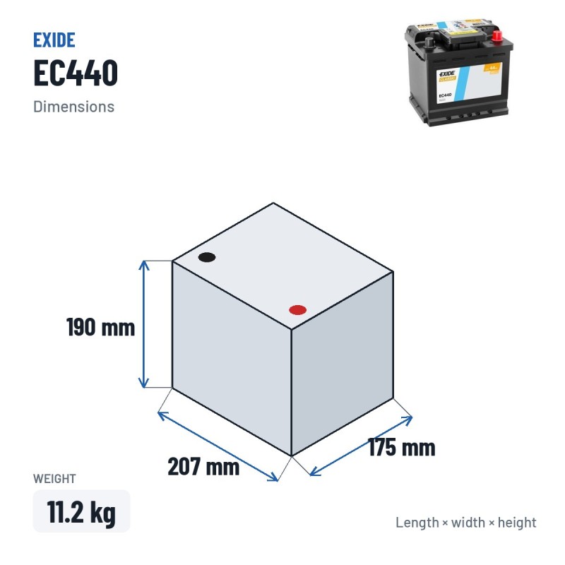 Batteria auto Exide EC440 12V 44Ah 360A – dimensioni 207 × 175 × 190 mm