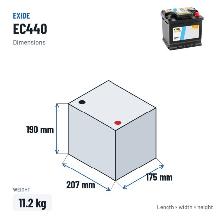 Car battery Exide EC440 12V 44Ah 360A – dimensions 207 × 175 × 190 mm