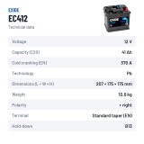 Batería de coche Exide EC412 12V 41Ah 370A – ficha técnica