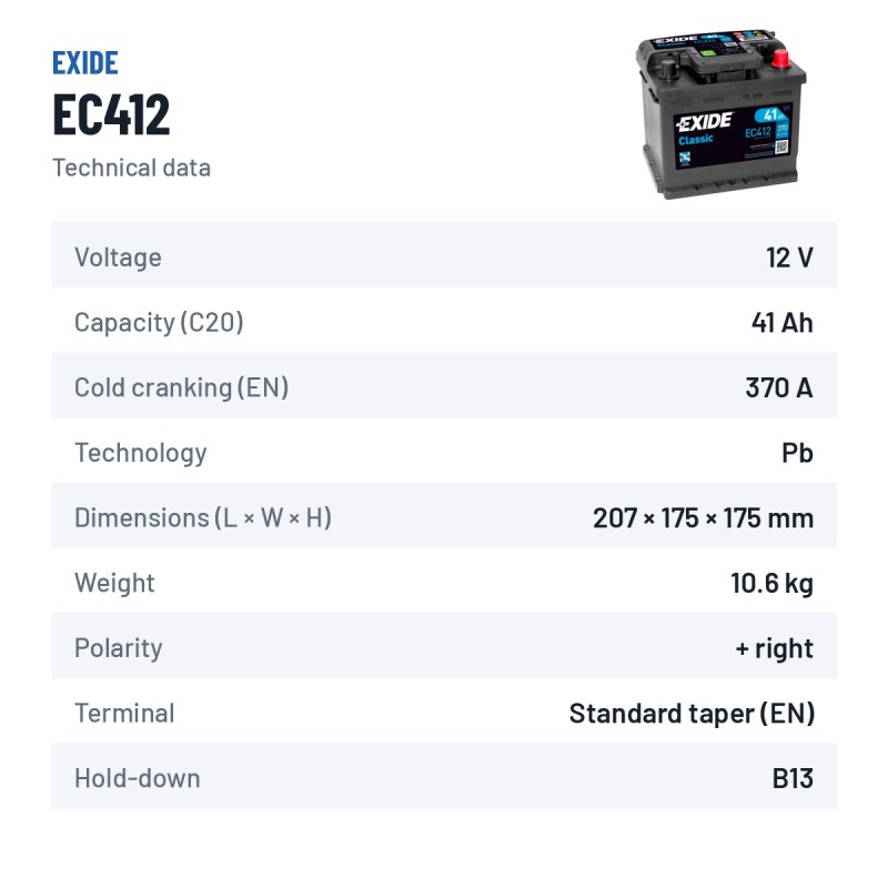 Batterie voiture Exide EC412 12V 41Ah 370A – fiche technique