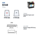 Car battery Exide EC440 12V 44Ah 360A – terminal and hold-down