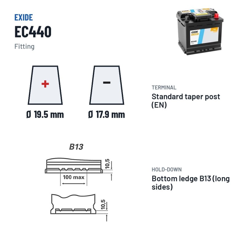 Autobatterie Exide EC440 12V 44Ah 360A – Pole und Befestigung