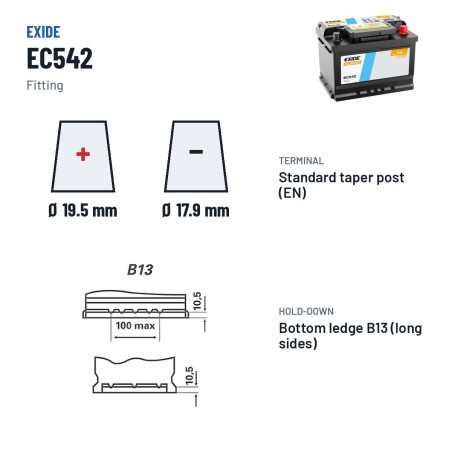 Batteria auto Exide EC542 12V 54Ah 500A | baterias.com