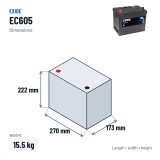 Autobatterie Exide EC605 12V 60Ah 440A – Abmessungen 270 × 173 × 222 mm