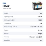 Car battery Exide EC542 12V 54Ah 500A – technical data