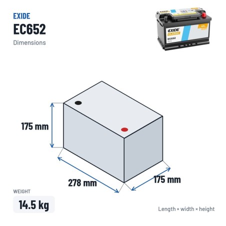 Batería de coche Exide EC652 12V 65Ah 540A – medidas 278 × 175 × 175 mm