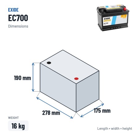 Car battery Exide EC700 12V 70Ah 640A – dimensions 278 × 175 × 190 mm