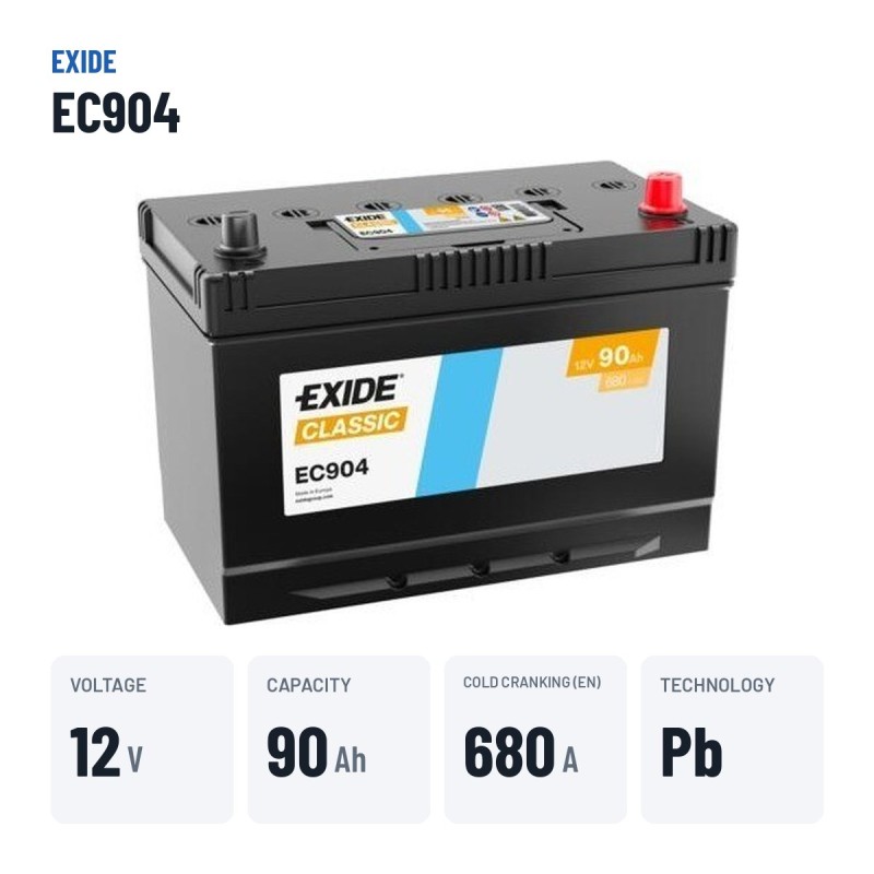 Car battery Exide EC904 12V 90Ah 680A – key specs