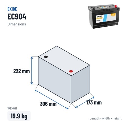 Car battery Exide EC904 12V 90Ah 680A – dimensions 306 × 173 × 222 mm