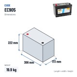 Car battery Exide EC905 12V 90Ah 680A – dimensions 306 × 173 × 222 mm