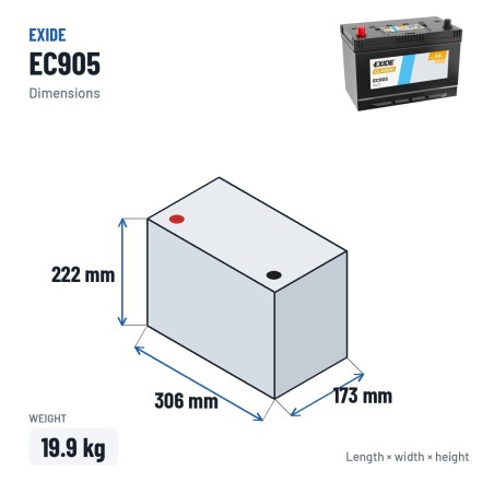 Batterie voiture Exide EC905 12V 90Ah 680A – dimensions 306 × 173 × 222 mm