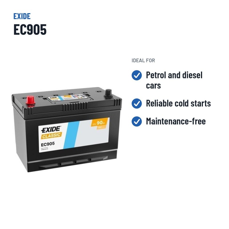 Batterie voiture Exide EC905 12V 90Ah 680A – utilisations recommandées
