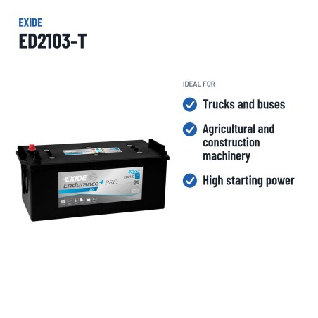 Bateria de camião Exide ED2103-T 12V 210Ah 800A GEL – utilizações recomendadas