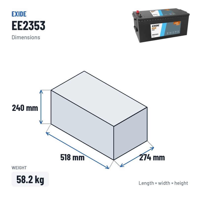 Batería de camión Exide EE2353 12V 235Ah 1200A EFB – medidas 518 × 274 × 240 mm