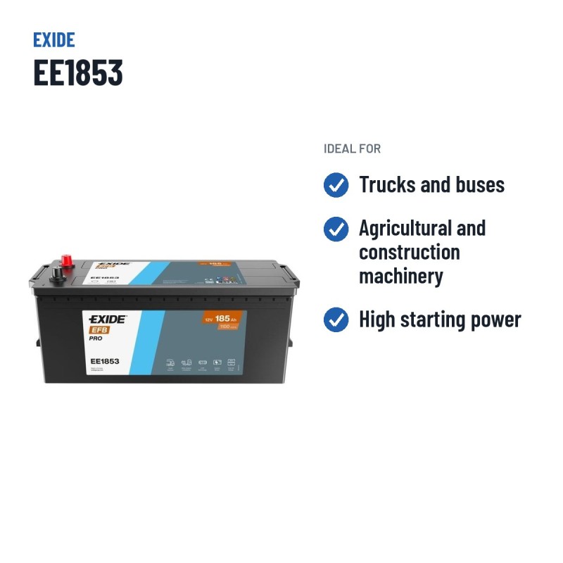 Bateria de camião Exide EE1853 12V 185Ah 1100A EFB – utilizações recomendadas