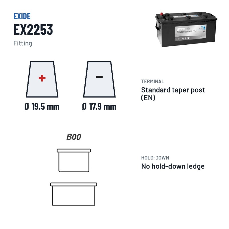 Truck battery Exide EX2253 12V 225Ah 1100A EFB – terminal and hold-down