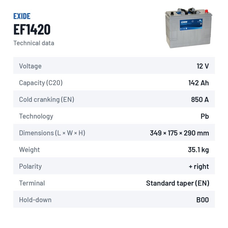 Batteria camion Exide EF1420 12V 142Ah 850A – scheda tecnica