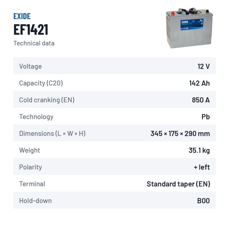 Batteria camion Exide EF1421 12V 142Ah 850A | baterias.com