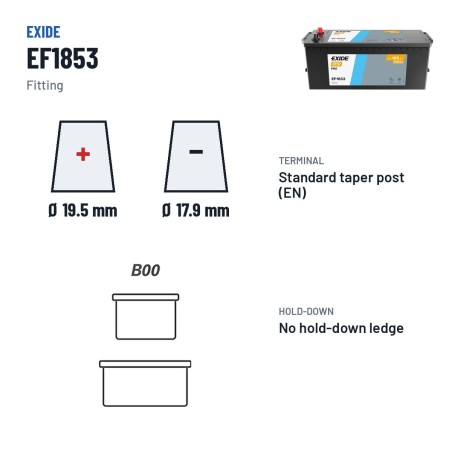 Bateria de camião Exide EF1853 12V 185Ah 1150A – terminal e fixação