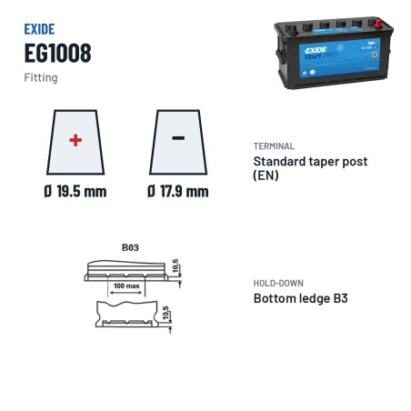 LKW-Batterie Exide EG1008 12V 100Ah 680A – Pole und Befestigung