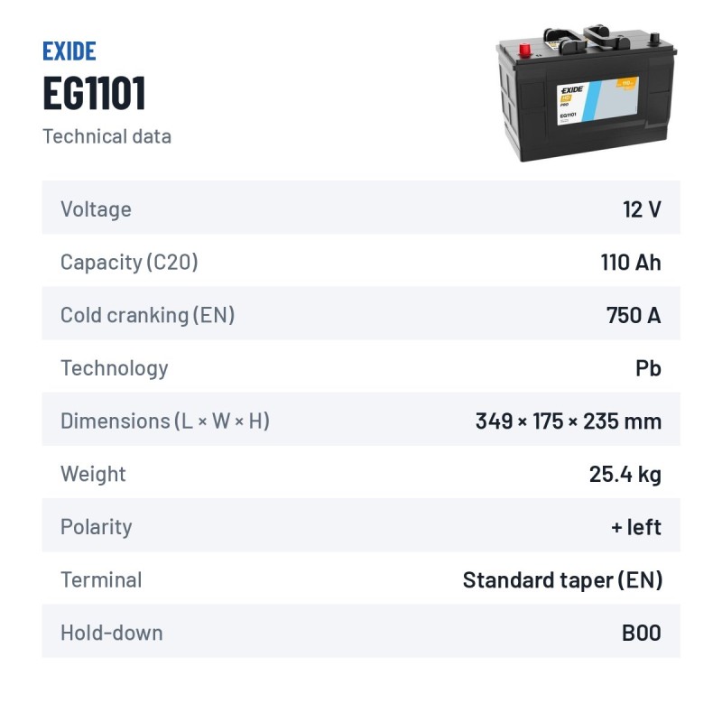 LKW-Batterie Exide EG1101 12V 110Ah 750A – technische Daten