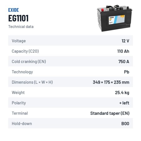 Batteria camion Exide EG1101 12V 110Ah 750A – scheda tecnica