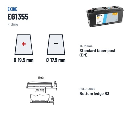 Batteria camion Exide EG1355 12V 135Ah 1000A – terminali e fissaggio