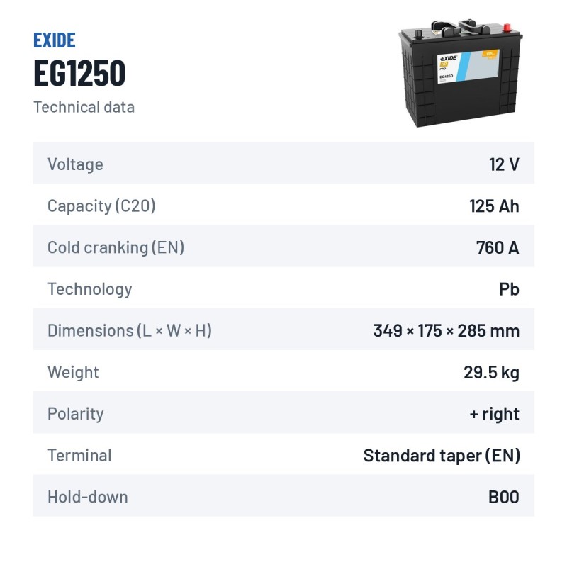 LKW-Batterie Exide EG1250 12V 125Ah 760A – technische Daten