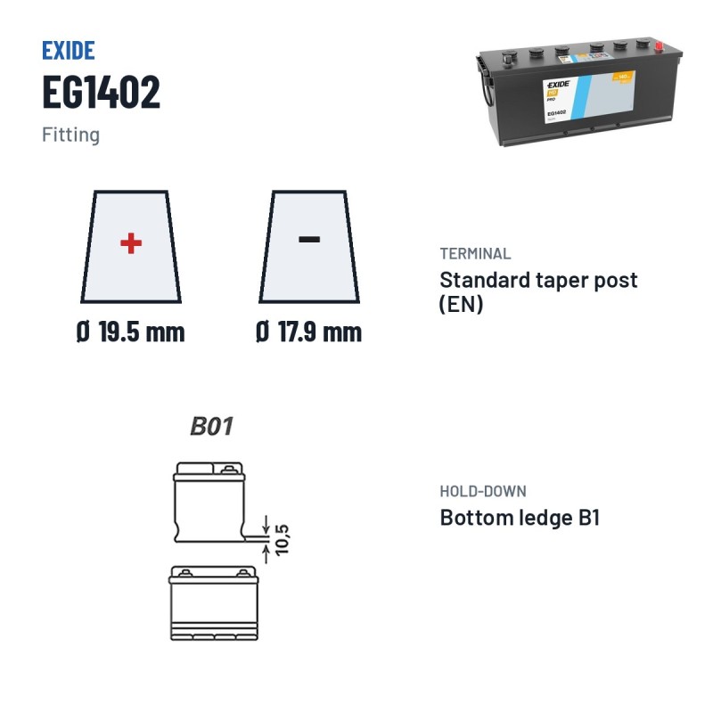 Bateria de camião Exide EG1402 12V 140Ah 900A – terminal e fixação