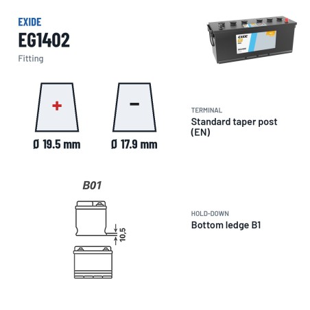 Bateria de camião Exide EG1402 12V 140Ah 900A – terminal e fixação