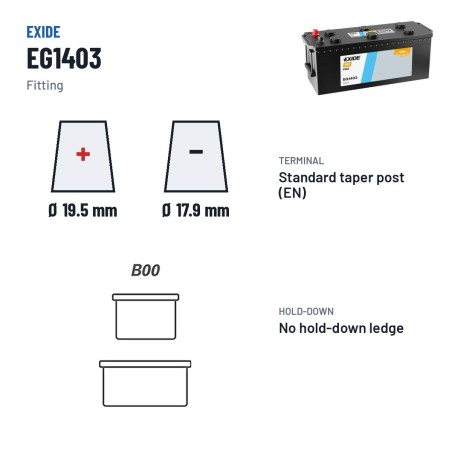 Truck battery Exide EG1403 12V 140Ah 800A – terminal and hold-down