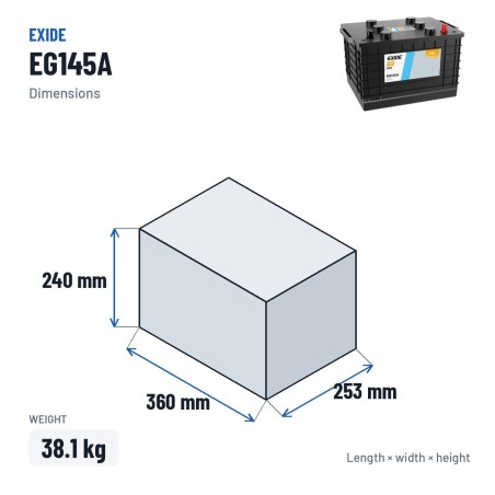 Batteria camion Exide EG145A 12V 145Ah 1000A – dimensioni 360 × 253 × 240 mm