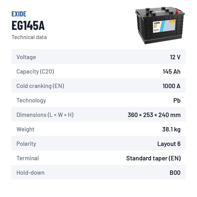 Batteria camion Exide EG145A 12V 145Ah 1000A – scheda tecnica