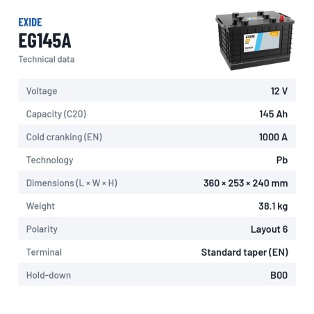 Batteria camion Exide EG145A 12V 145Ah 1000A – scheda tecnica