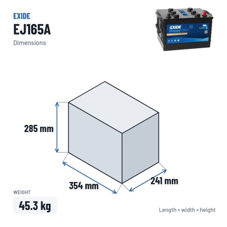 Truck battery Exide EJ165A1 12V 165Ah 850A – dimensions 354 × 241 × 285 mm