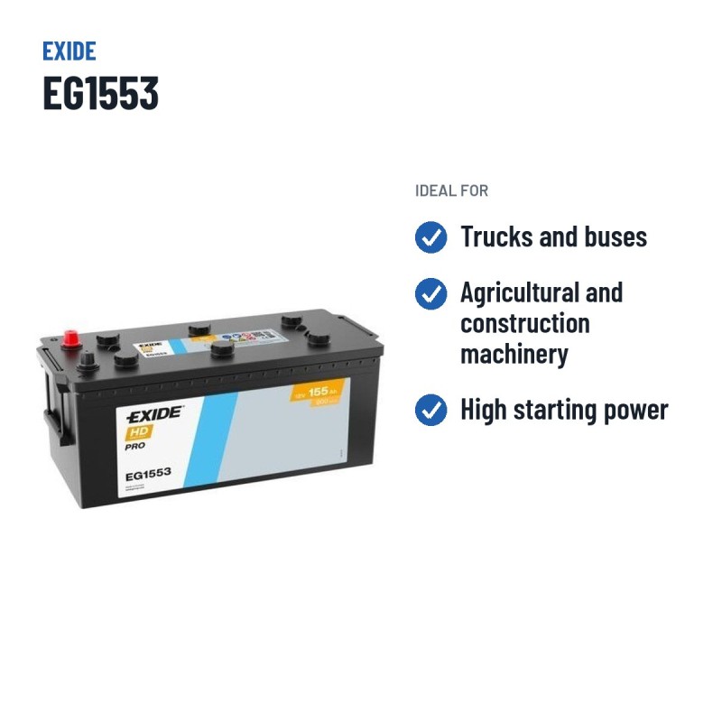 Batería de camión Exide EG1553 12V 155Ah 900A – usos recomendados