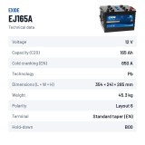 Truck battery Exide EJ165A1 12V 165Ah 850A – technical data