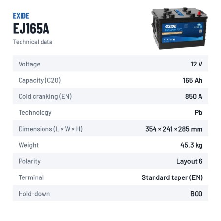 Batería de camión Exide EJ165A1 12V 165Ah 850A – ficha técnica