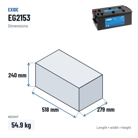 Bateria de camião Exide EG2153 12V 215Ah 1200A – medidas 518 × 279 × 240 mm