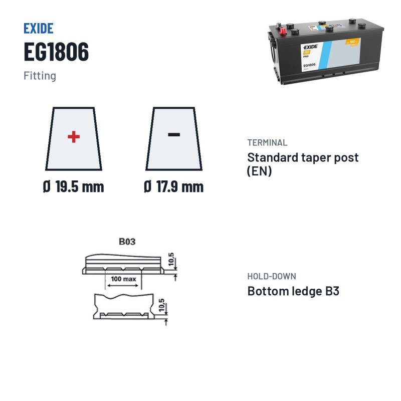 LKW-Batterie Exide EG1806 12V 180Ah 1000A – Pole und Befestigung