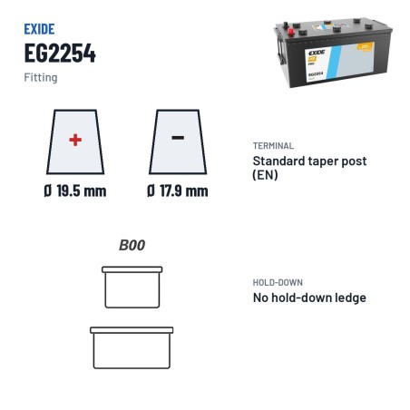 Truck battery Exide EG2254 12V 225Ah 1200A – terminal and hold-down
