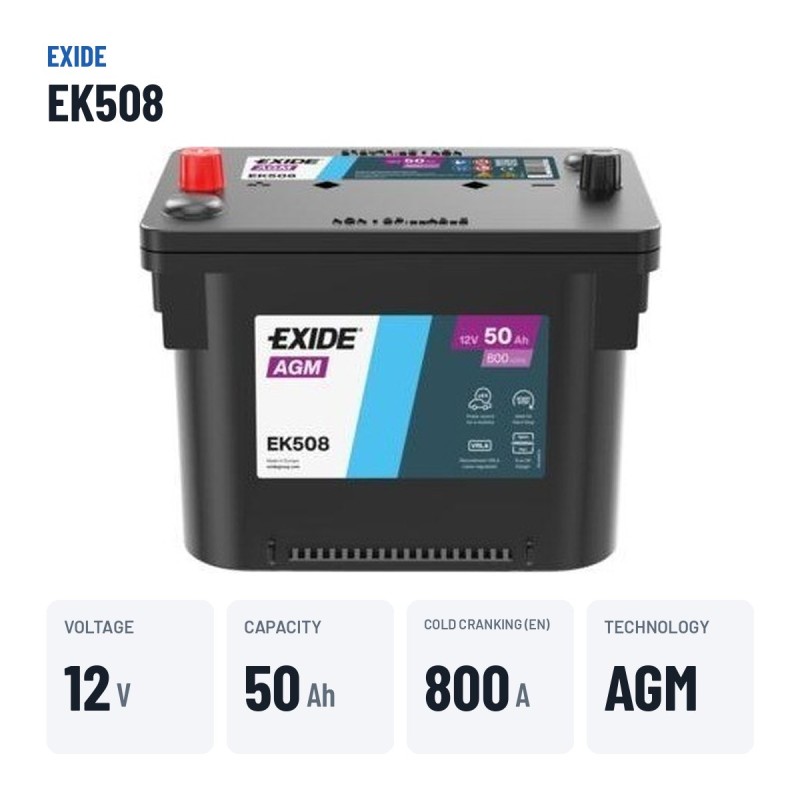 Bateria Start-Stop Exide EK508 12V 50Ah 800A AGM | baterias.com