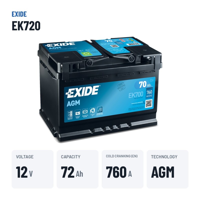 Bateria Start-Stop Exide EK700 12V 70Ah 760A AGM – dados principais