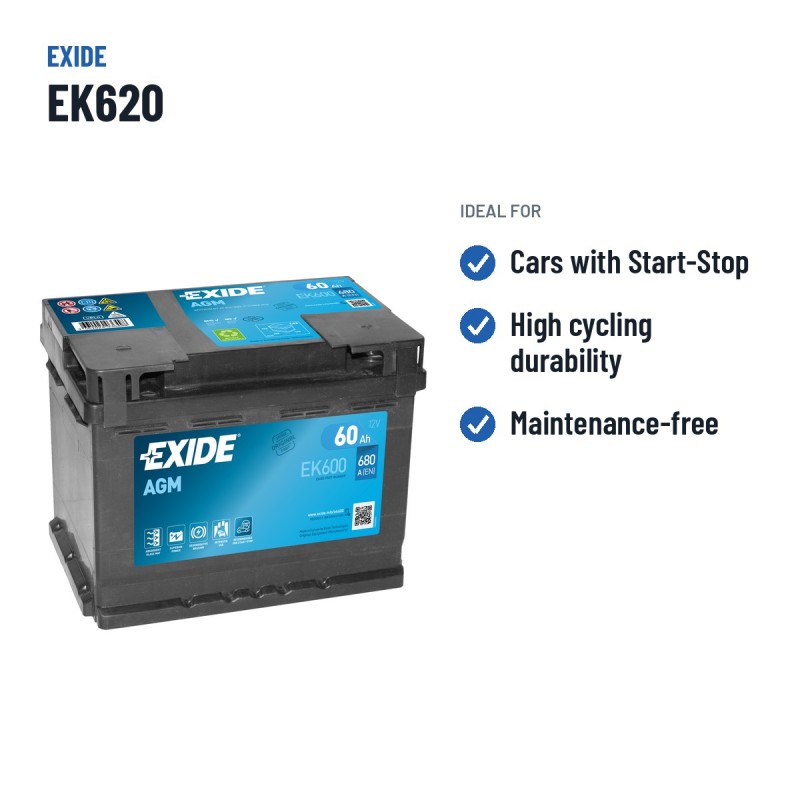 Batterie Start-Stop Exide EK600 12V 60Ah 680A AGM | baterias.com