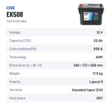 Start-Stop battery Exide EK508 12V 50Ah 800A AGM – technical data