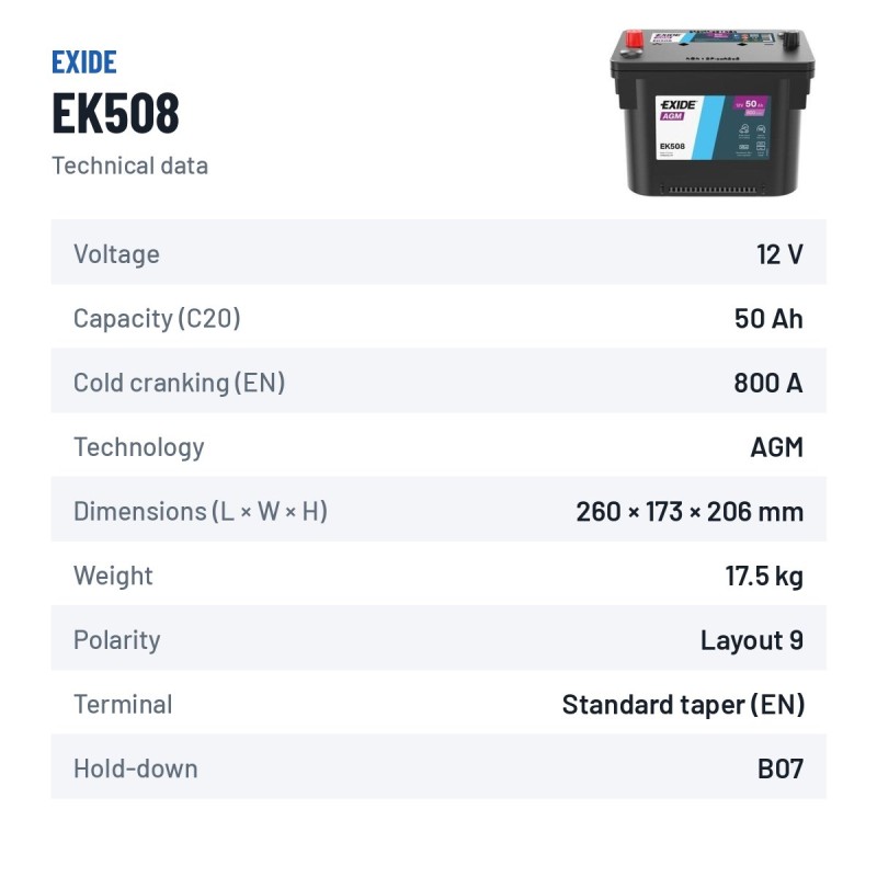 Bateria Start-Stop Exide EK508 12V 50Ah 800A AGM | baterias.com
