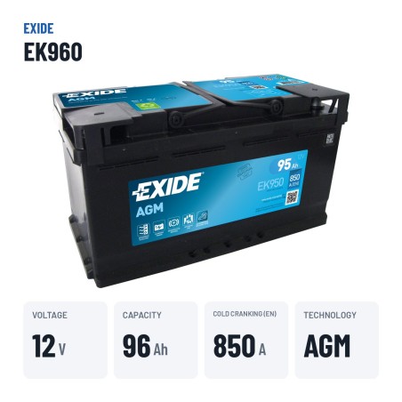 Batería Start-Stop Exide EK950 12V 95Ah 850A AGM – datos clave